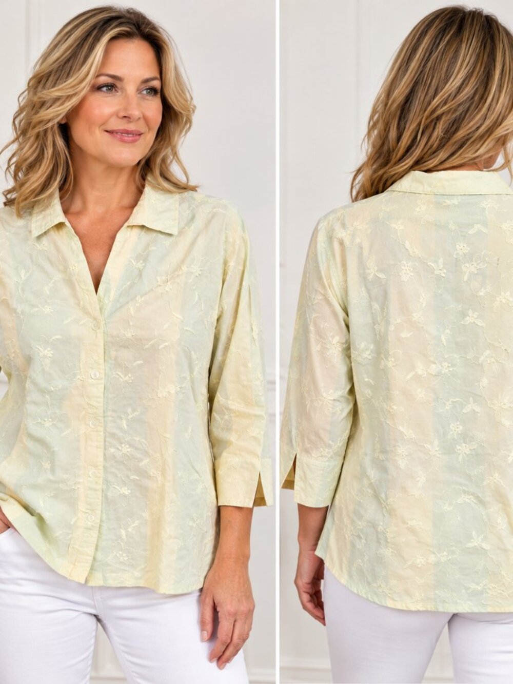 Croft & Barrow Solid Yellow Embroidered Button Down Blouse Mid Length Sleeves